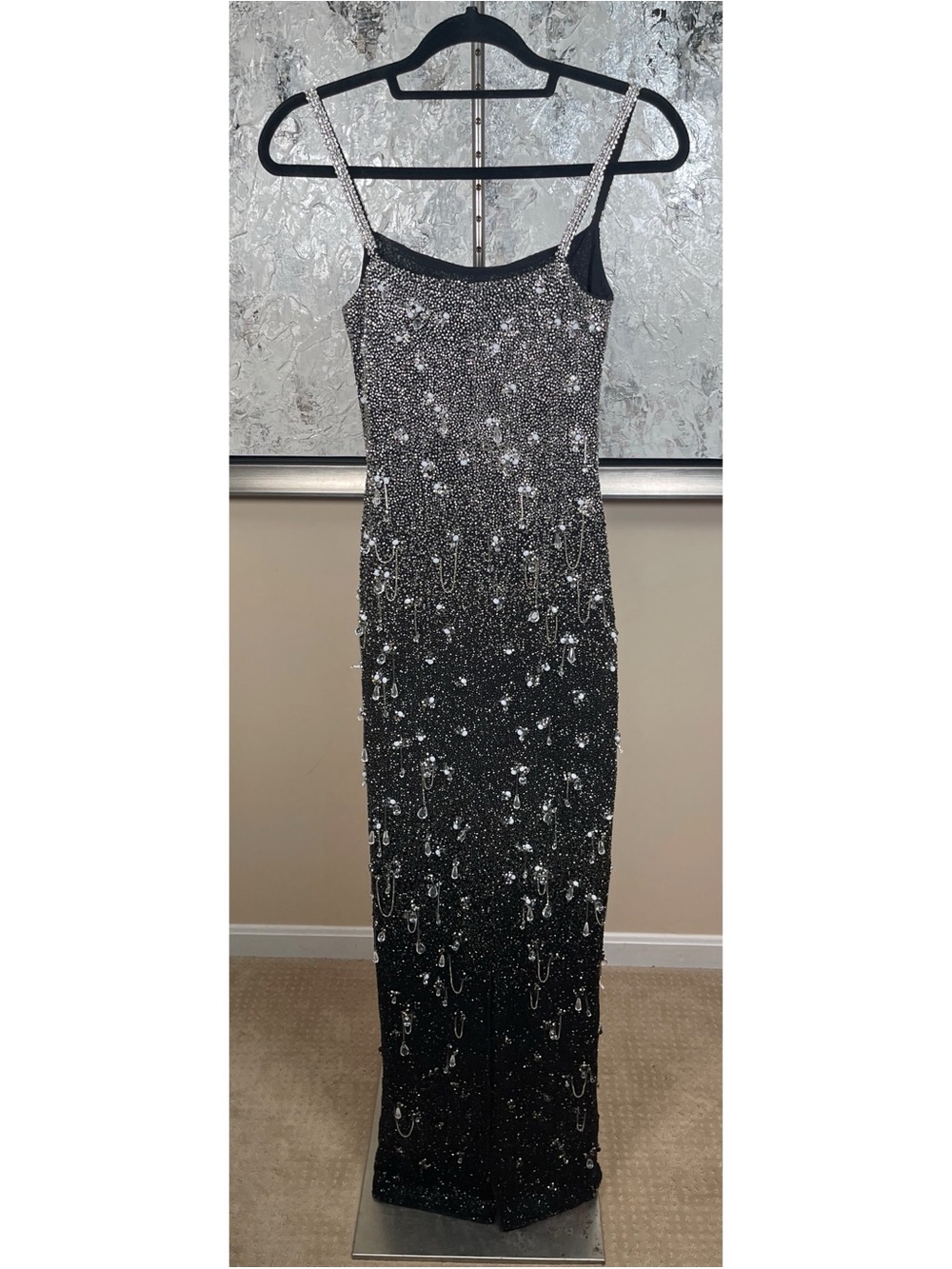 CLIO PEPPIATT Diamond Crystal Bead Embellished Fringe Black Maxi Dress Size S - Picture 9 of 11